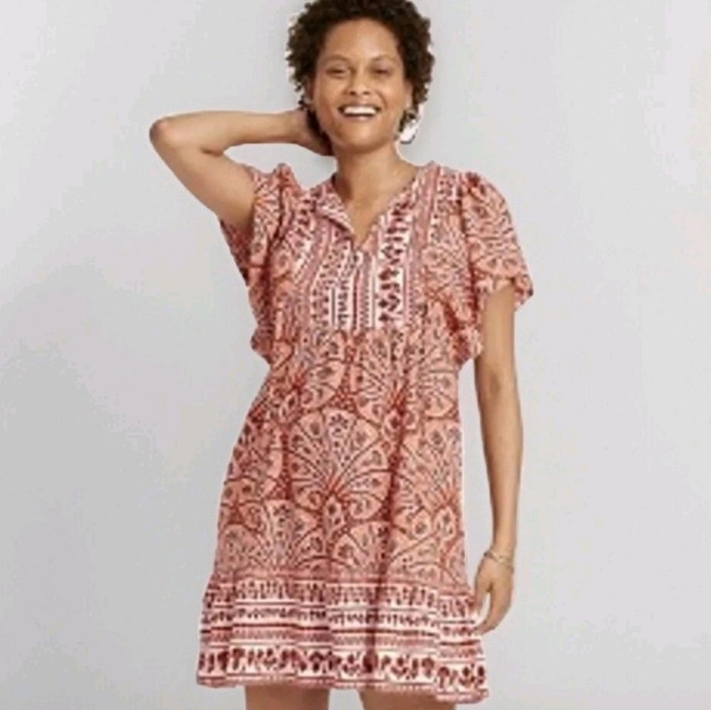 KNOX ROSE BOHO FLORAL FLUTTER SLEEVE TIERED DRESS. SIZE LARGE. ORANGE AND BROWN.